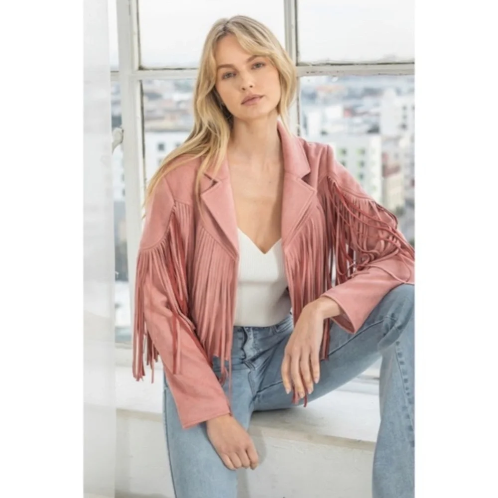 SOLD OUT Mauve Pink Faux Leather Suede Fringe Cropped Western Boho Moto Jacket - Picture 2 of 2
